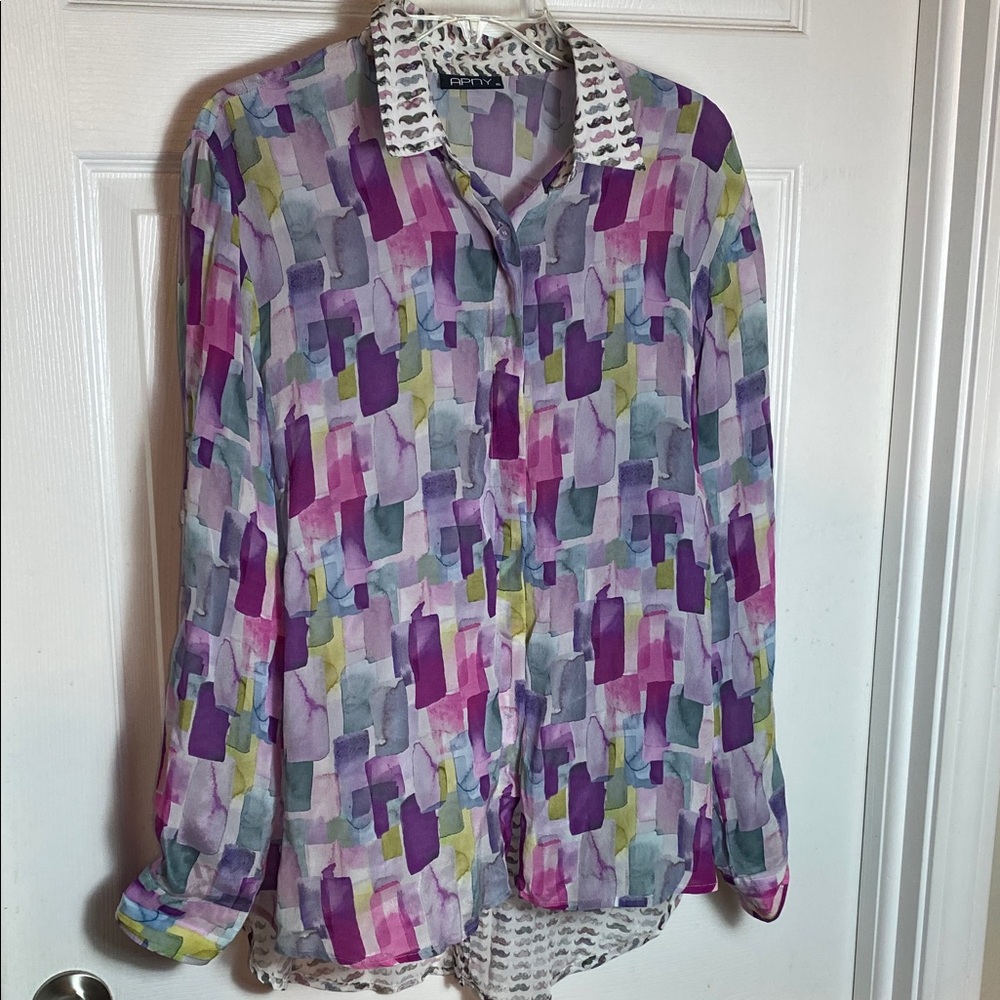 APNY Women's watercolor abstract print button-down shirt size XL